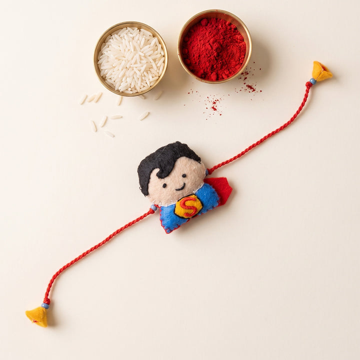 Hand Embroidered Superboy Rakhi With Brooch Pin & Keychain For Brother