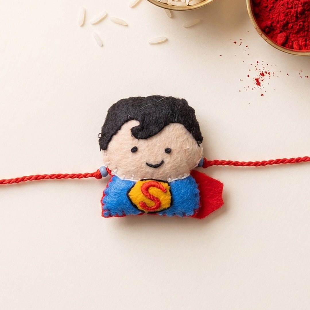 Hand Embroidered Superboy Rakhi With Brooch Pin & Keychain For Brother