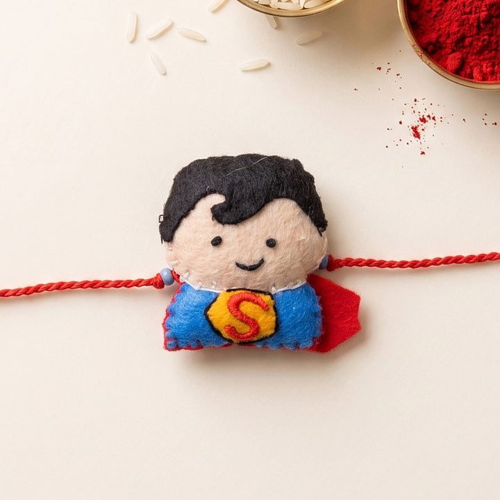 Hand Embroidered Superboy Rakhi With Brooch Pin & Keychain For Brother
