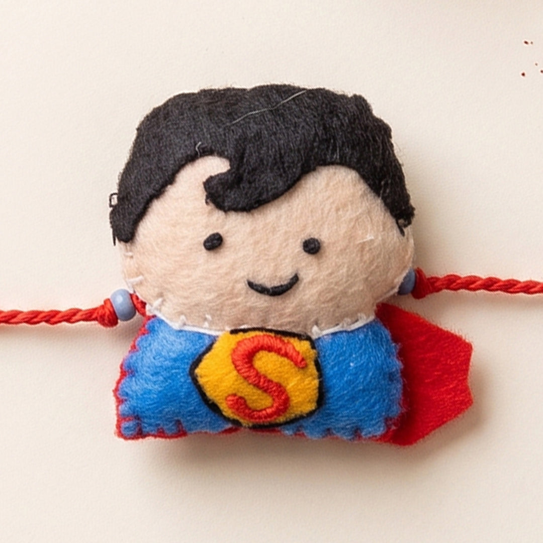 Hand Embroidered Superboy Rakhi With Brooch Pin & Keychain For Brother