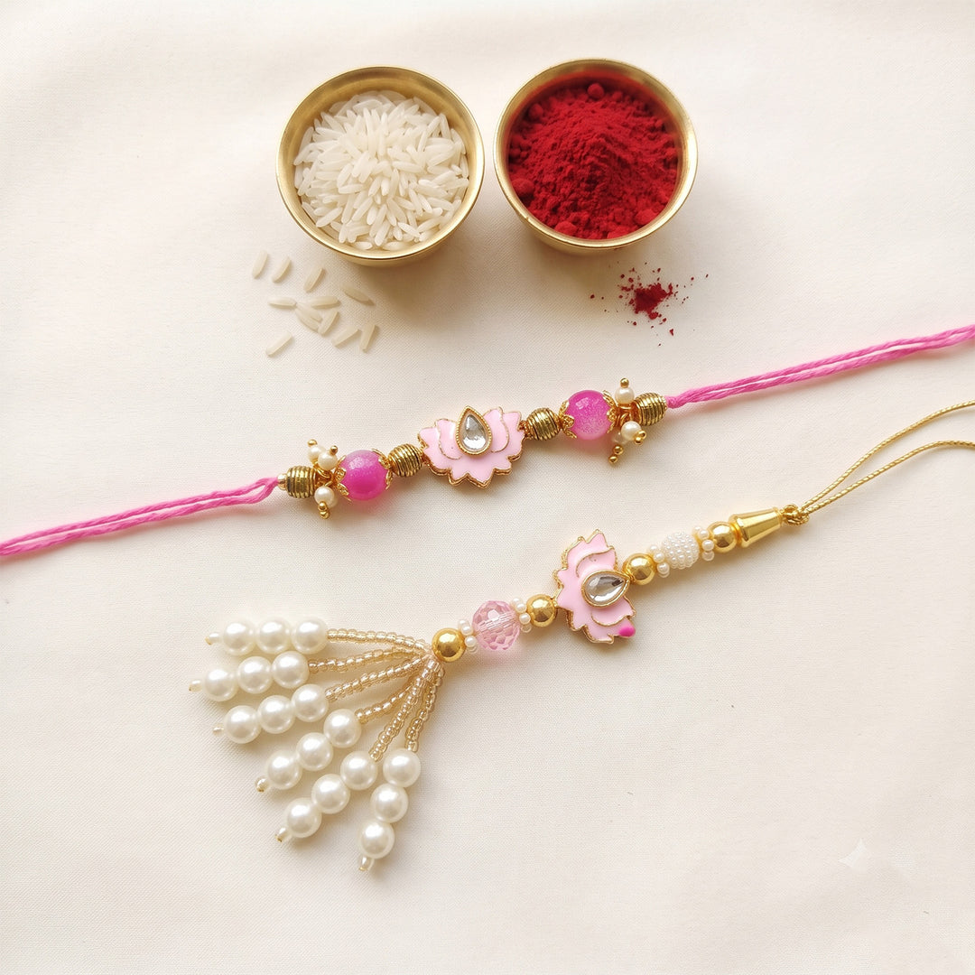 Handmade Lotus Pink Premium Agate Bhaiya Bhabhi Couple Rakhi And Lumba Set With Roli Chawal, Nariyal And Gift Box | Set of 2