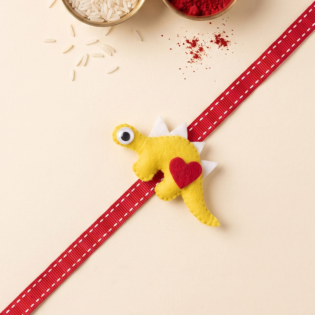 Personalised Handmade Felt Dinosaur Rakhi With Matching Nameplate & Roli Chawal For Brother