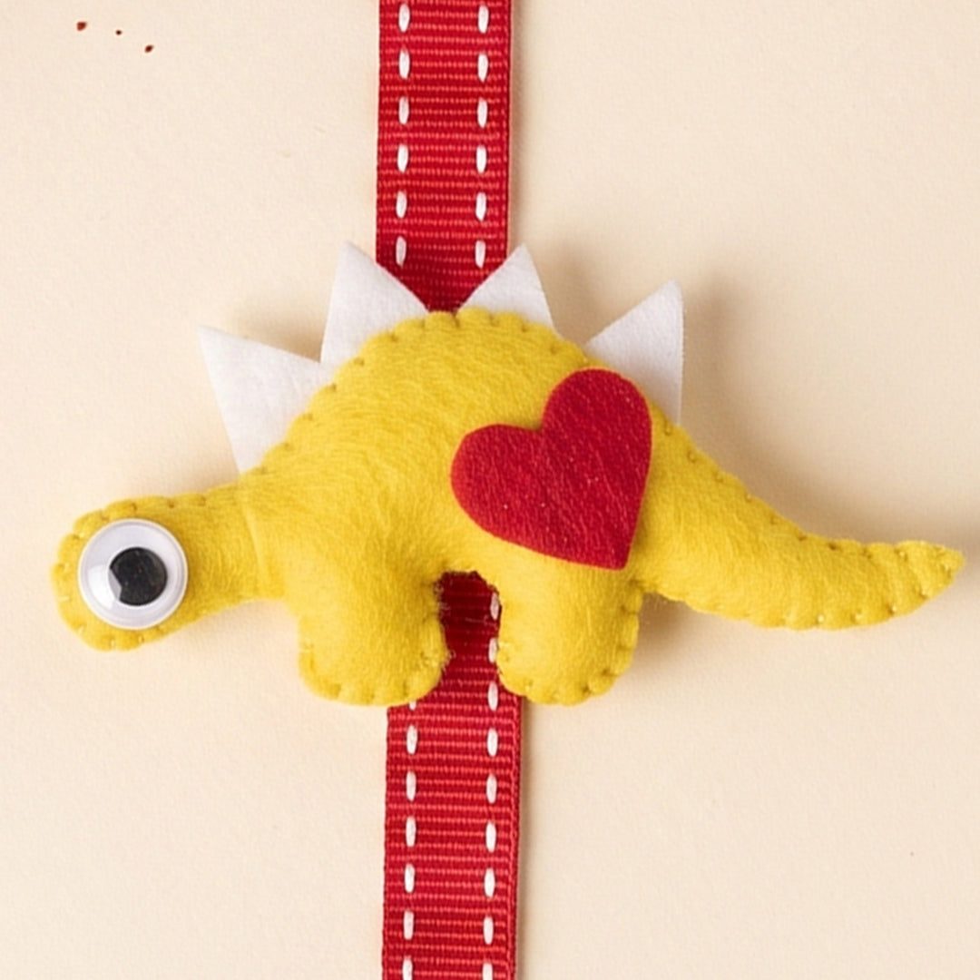 Personalised Handmade Felt Dinosaur Rakhi With Matching Nameplate & Roli Chawal For Brother
