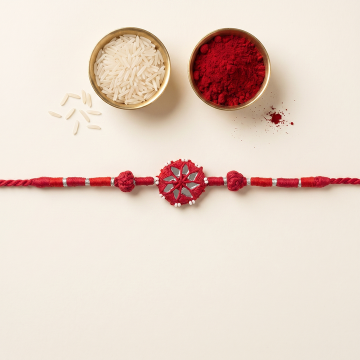 Handmade Mirror Work Patwa Rani Pink Cotton Rakhi With Roli Chawal