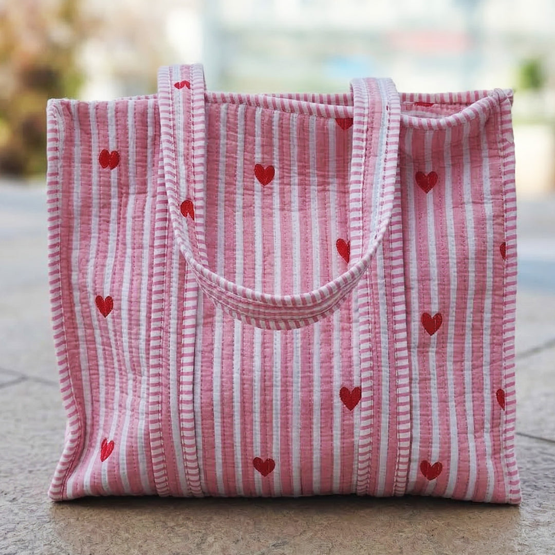 Handmade Pink Heartbeat Cotton Tote Bag
