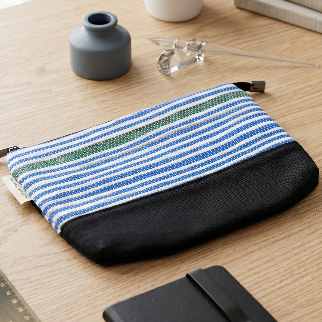 Blue and Green Striped Upcycled Plastic Handcrafted Utility Pouch