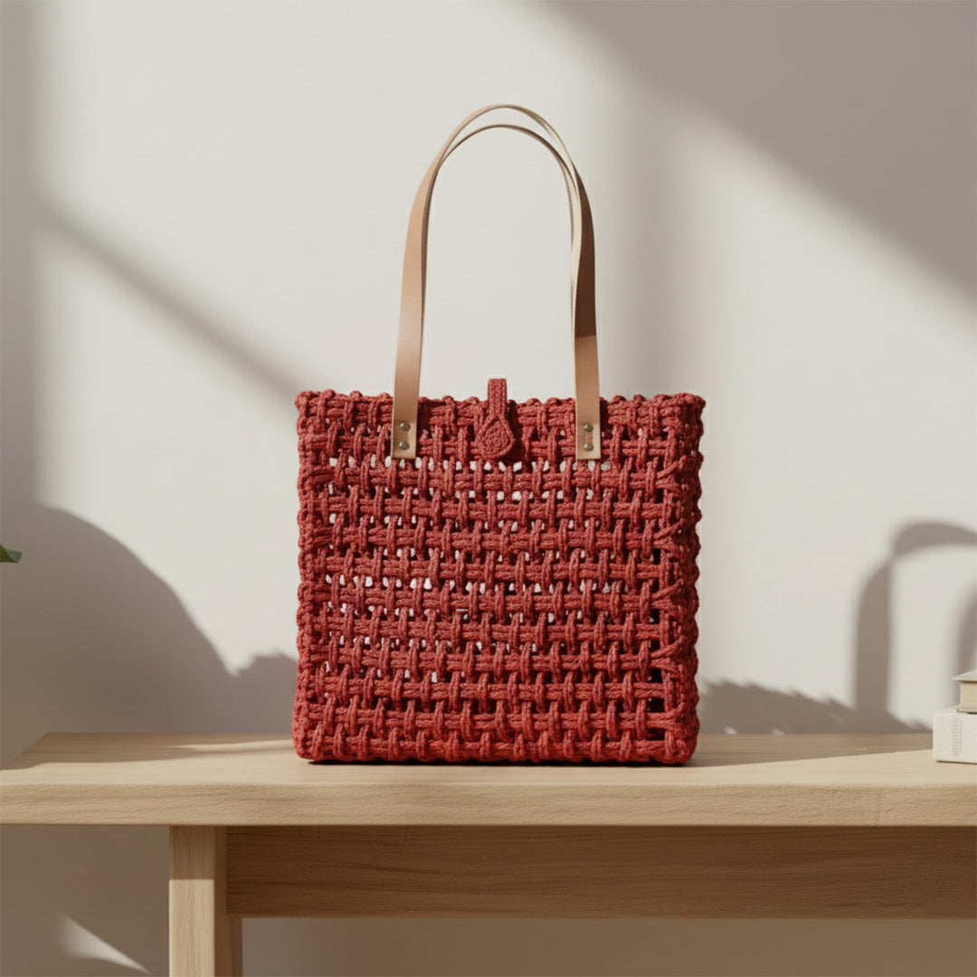 Handmade Grass Woven Leather Strap Box Shaped Red Sabai Mesh Tote Bag