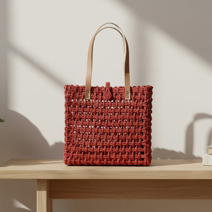 Handmade Grass Woven Leather Strap Box Shaped Red Sabai Mesh Tote Bag