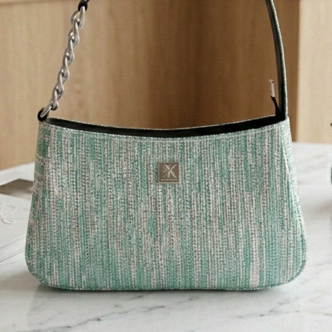 Sea Blue and Silver Striped Upcycled Plastic Handcrafted Mini Baguette Handbag