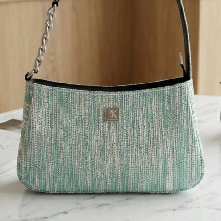 Sea Blue and Silver Striped Upcycled Plastic Handcrafted Mini Baguette Handbag