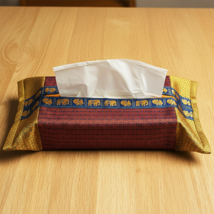 Handmade Red Elephant & Peacock Motif Khunn Fabric Cotton Tissue Box Cover