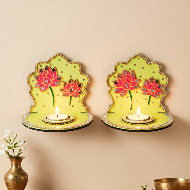 Set of 2 | Handcrafted Lotus Motif MDF Jharokha Tealight Holders For Festive Decor