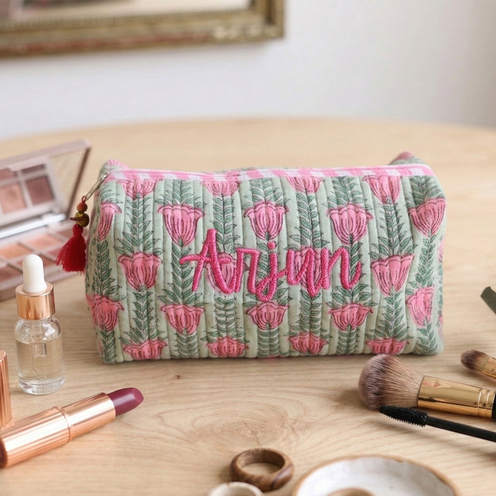 Personalized Block Printed Green & Pink Cotton Cosmetic Pouch