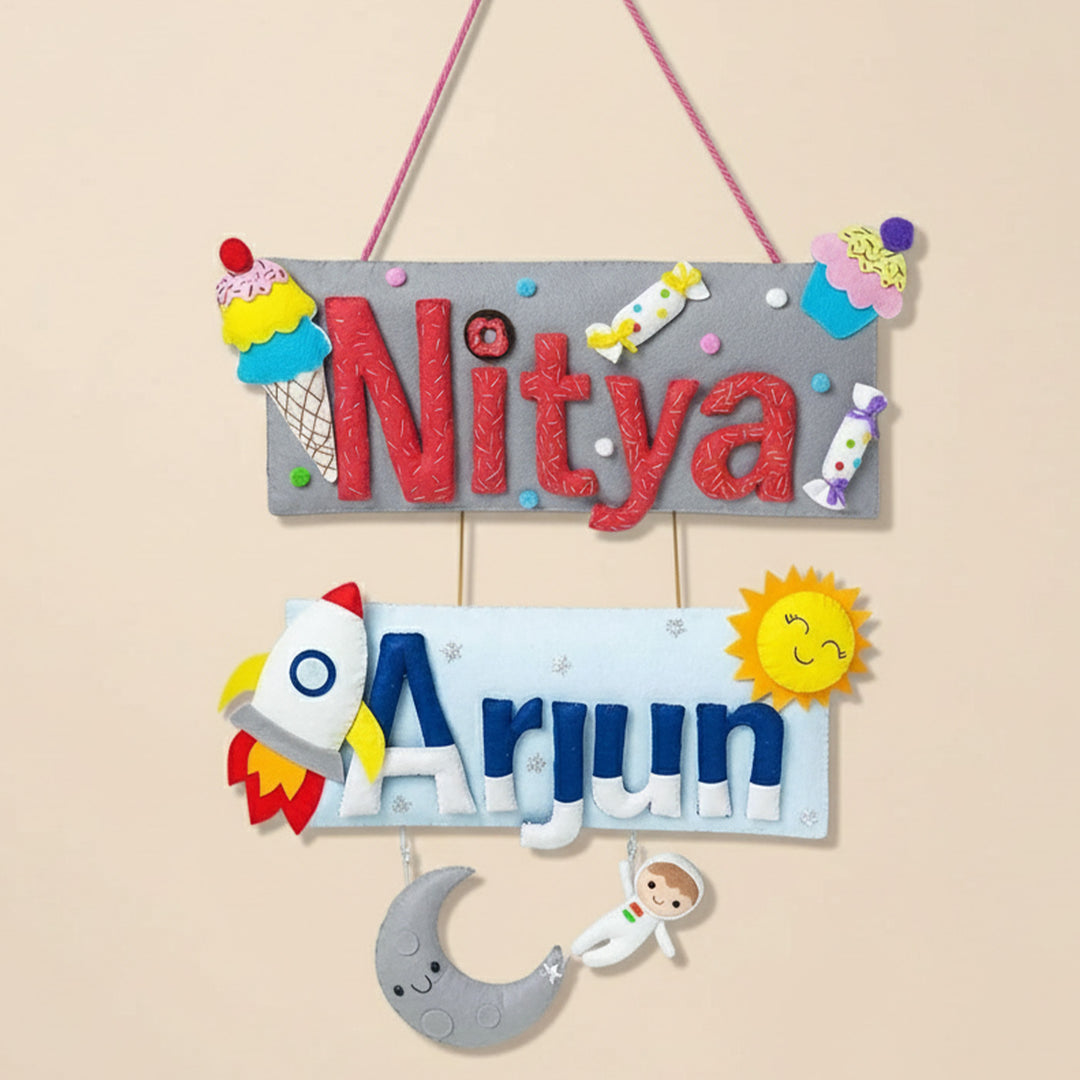 Customized Handcrafted Rectangle Felt Name Plate for Siblings