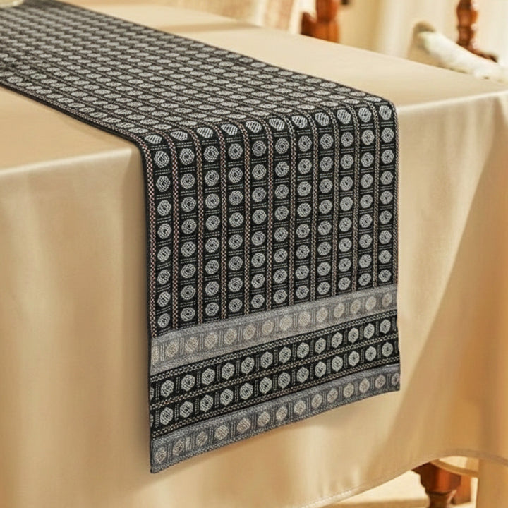 Handmade Black Circular Floral Patterns Khunn Fabric Cotton Table Runner | 12 x 60 Inch