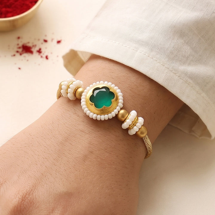 Reusable Emerald Beaded Thread Rakhi With Roli Chawal For Brother