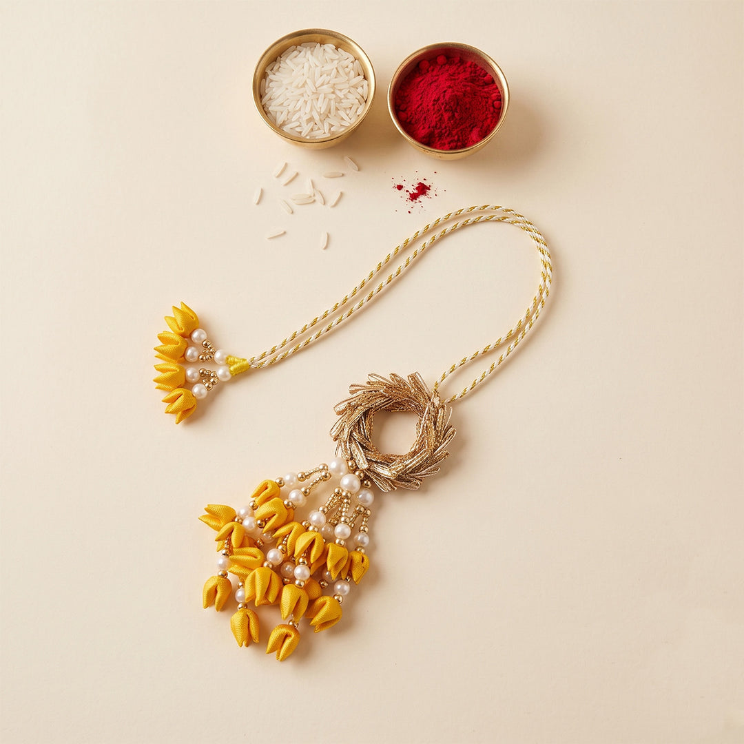 Handmade Floral Ring Tassel Silk Fabric Lumba Rakhi For Bhabhi With Roli Chawal