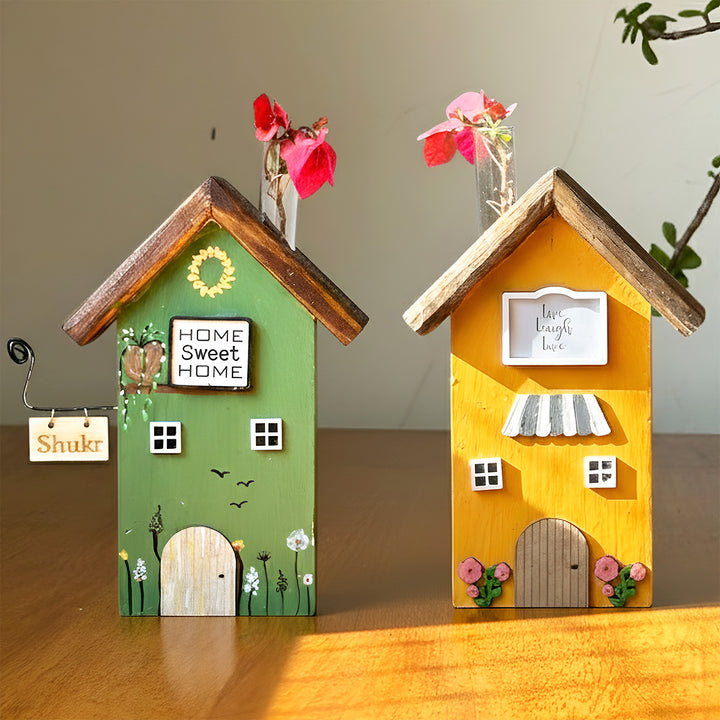 2 pc | Yellow & Green Handcrafted Miniature Wooden House Planter/Pen Holder