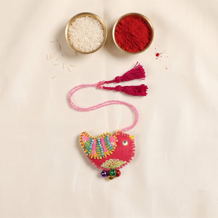 Hand Embroidered Pink Little Bird Charm Felt Lumba With Keychain For Girls