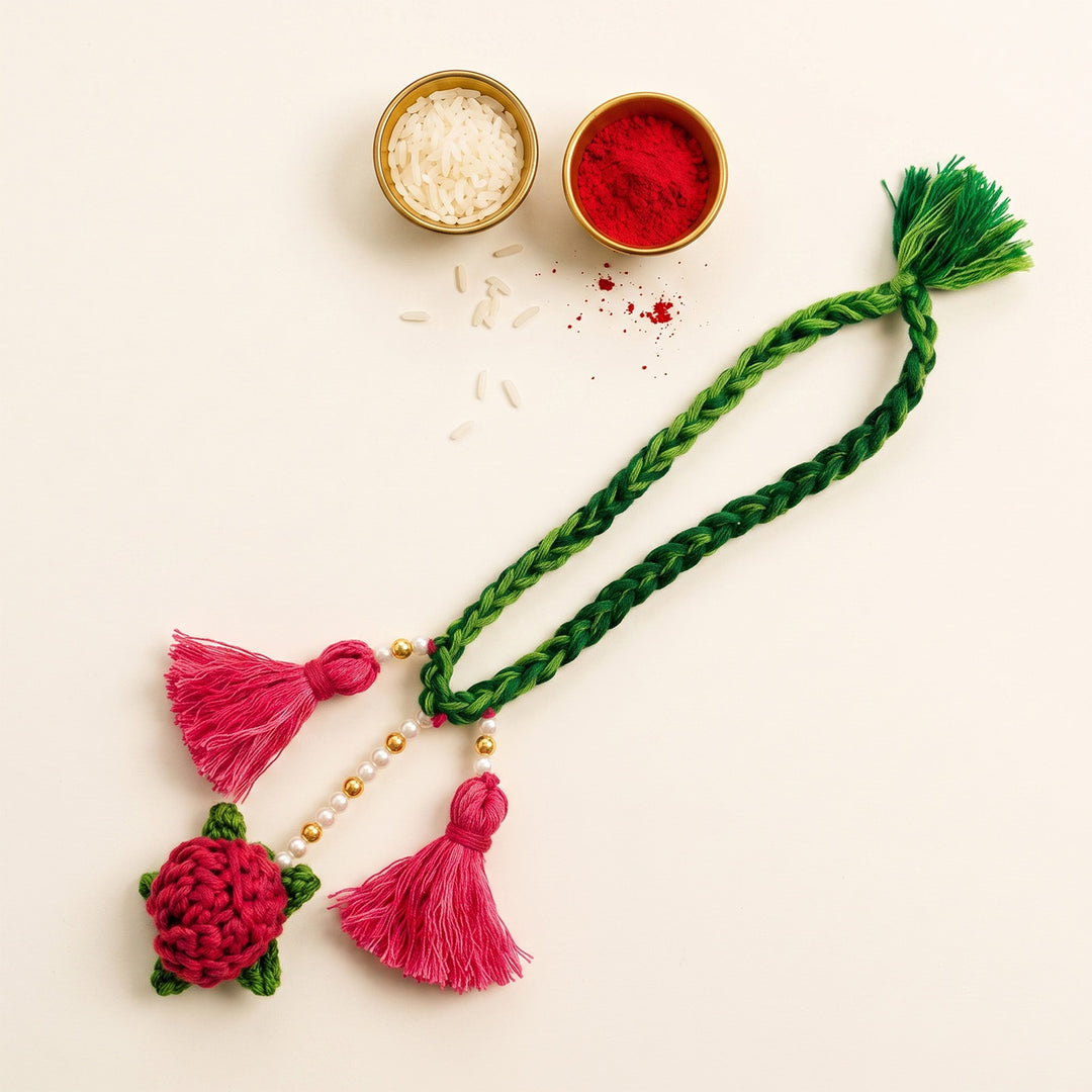 Handmade Crochet Rose Lumba Rakhi For Bhabhi With Roli Chawal
