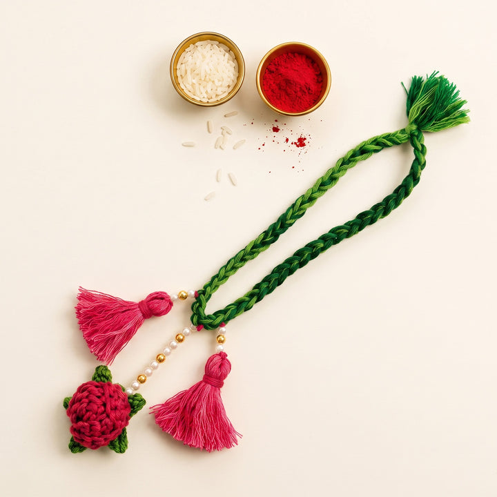 Handmade Crochet Rose Lumba Rakhi For Bhabhi With Roli Chawal