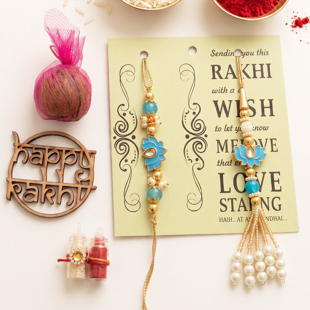 Handmade Lotus Turquoise Premium Agate Bhaiya Bhabhi Couple Rakhi And Lumba Set With Roli Chawal, Nariyal And Gift Box | Set of 2