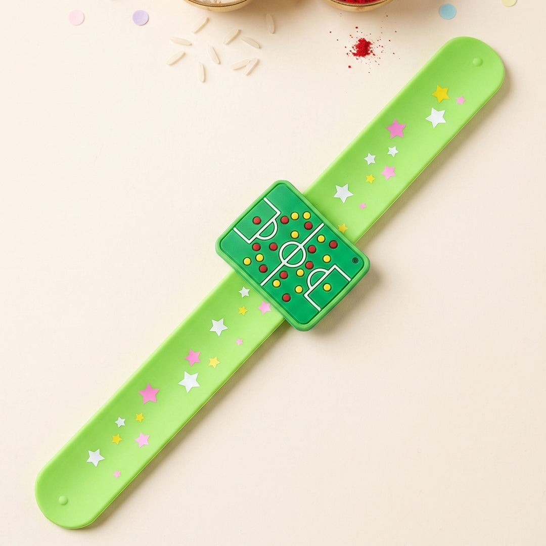 Handmade Football Field Silicone Slap Band Rakhi For Kids With Roli Chawal For Brother