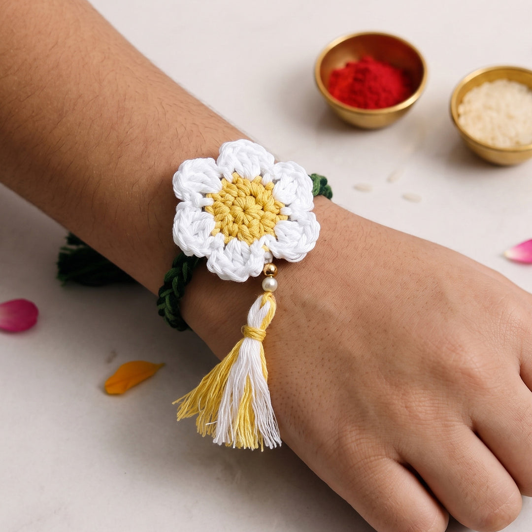 Handmade Crochet Daisy Couple Rakhi Lumba Set With Roli Chawal for Bhaiya Bhabhi | Set Of 2