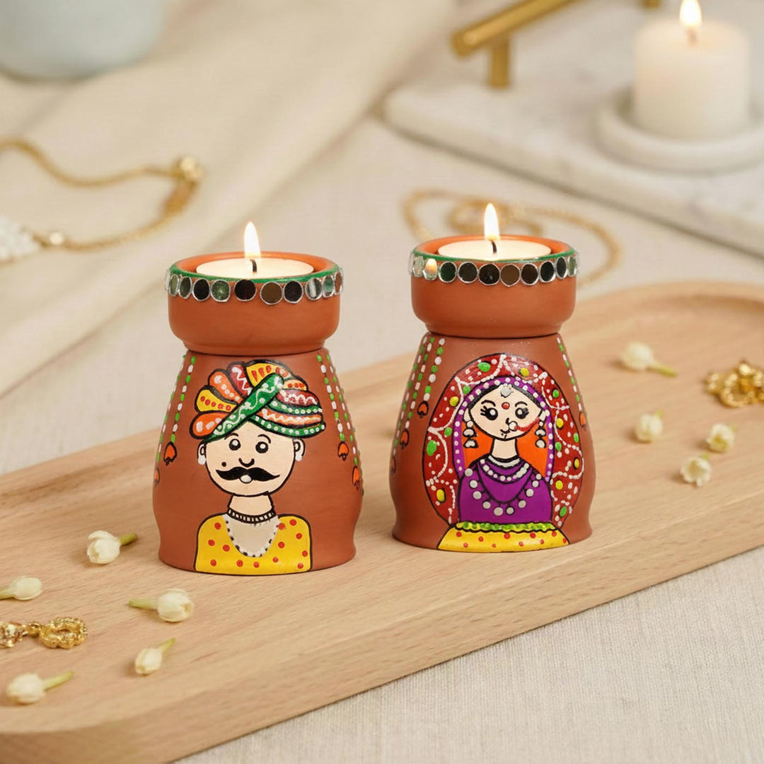 Rajasthani Couple Handpainted Terracotta Tealight Holder
