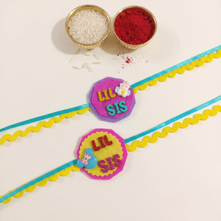 Handmade "Lil Sis" Unicorn & Mickey Felt Kids Rakhi Combo With Roli Chawal For Sisters | Set Of 2