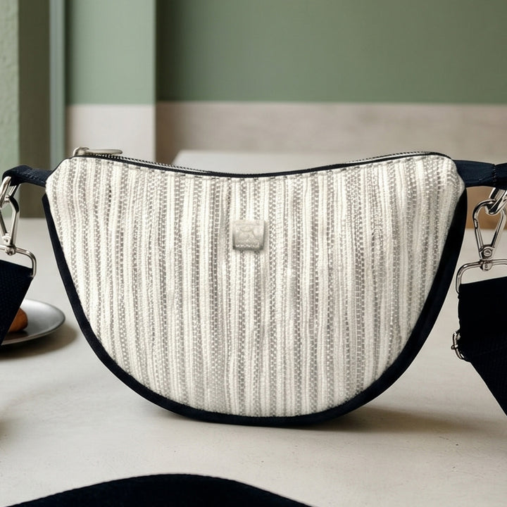 White and Silver Striped Upcycled Plastic Handcrafted Mini Curve Sling Bag