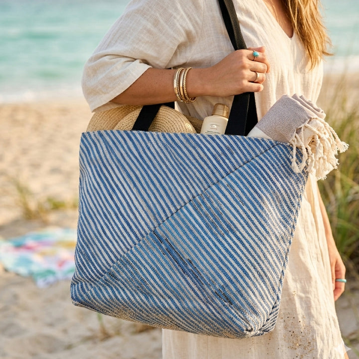 Silver and Blue Striped Upcycled Plastic Handcrafted Beach Tote Bag