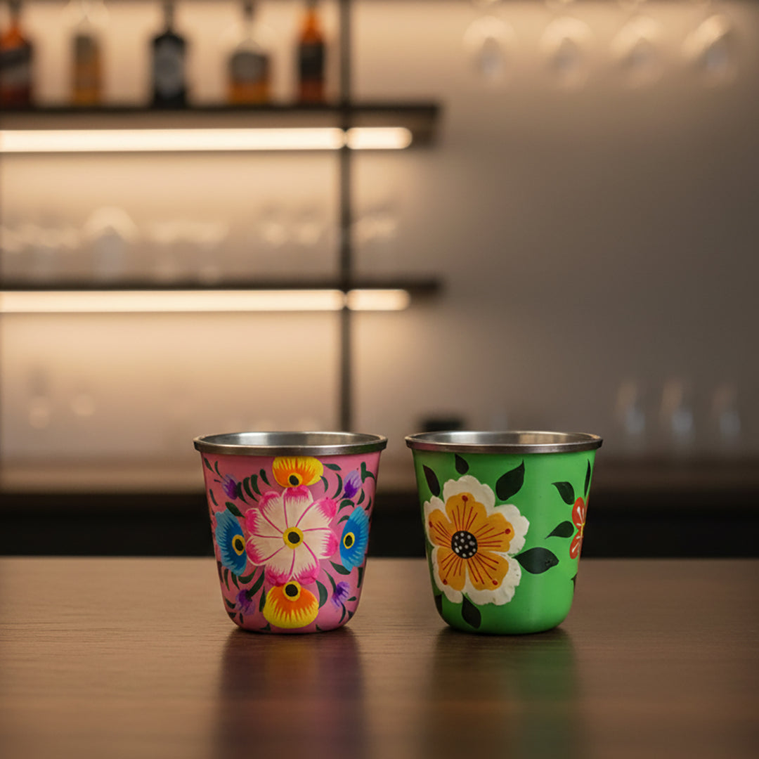 2Pc | Hand-Painted Pink & Green Floral Kashmiri Art Stainless Steel Shot Glasses