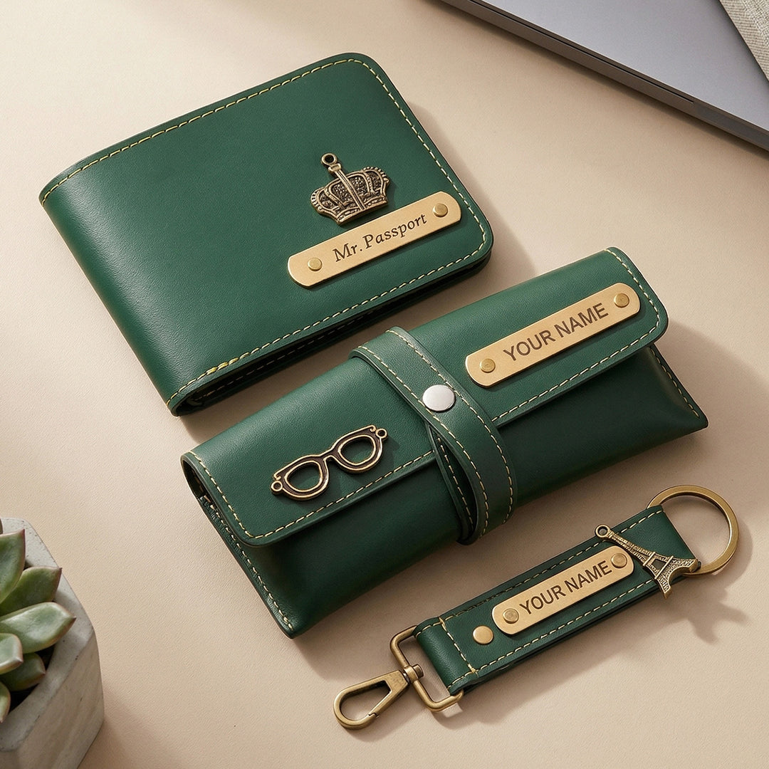 3 Pc | Personalized Faux Leather Gift Set For Men | Includes 1 Wallet, 1 Keychain, 1 Eyeware Case