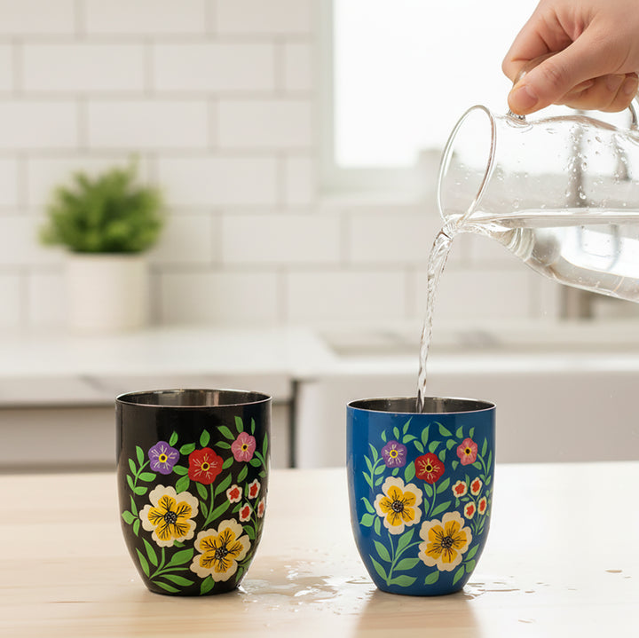 2Pc | Hand-Painted Black & Blue Floral Kashmiri Art Stainless Steel Large Round Glasses