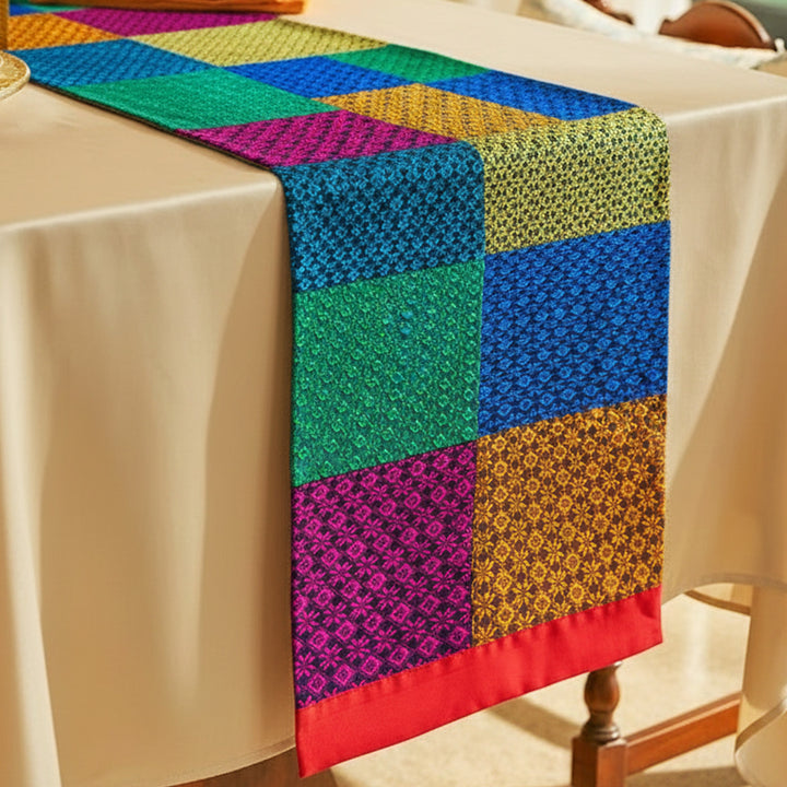 Handmade Multicolor Nava Rasa Design Khunn Fabric Cotton Table Runner | 12 x 60 Inch