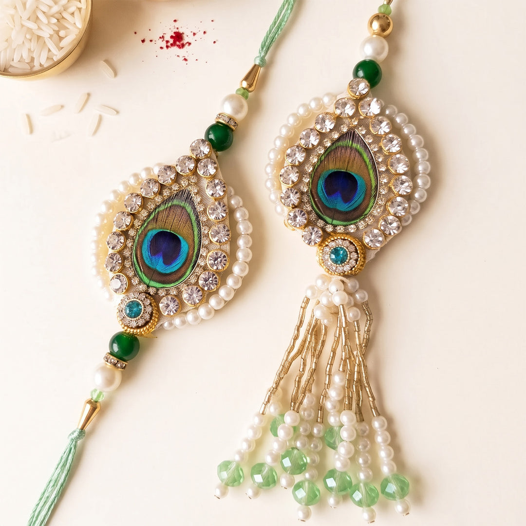Handmade Peacock Green Premium Agate Bhaiya Bhabhi Couple Rakhi & Lumba Set With Roli Chawal, Nariyal And Gift Box | Set of 2