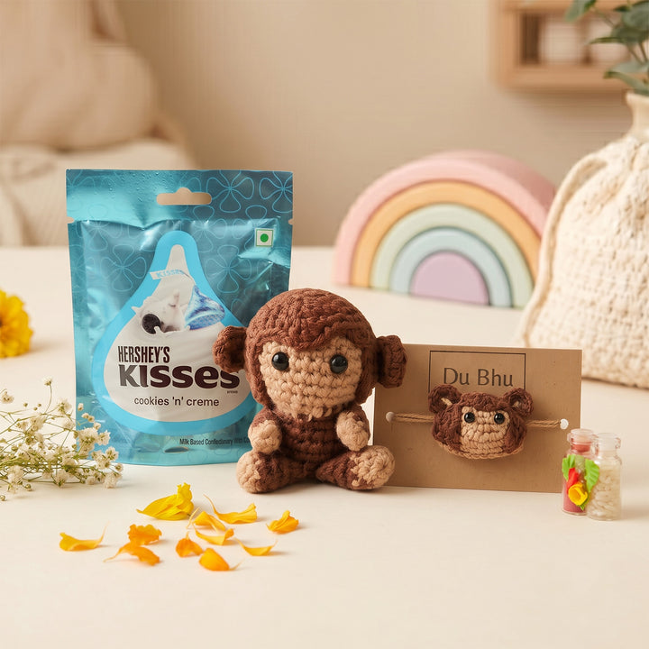 Handmade Crochet Little Monkey Theme Crochet Rakhi Gift Box With Roli Chawal for Kids
