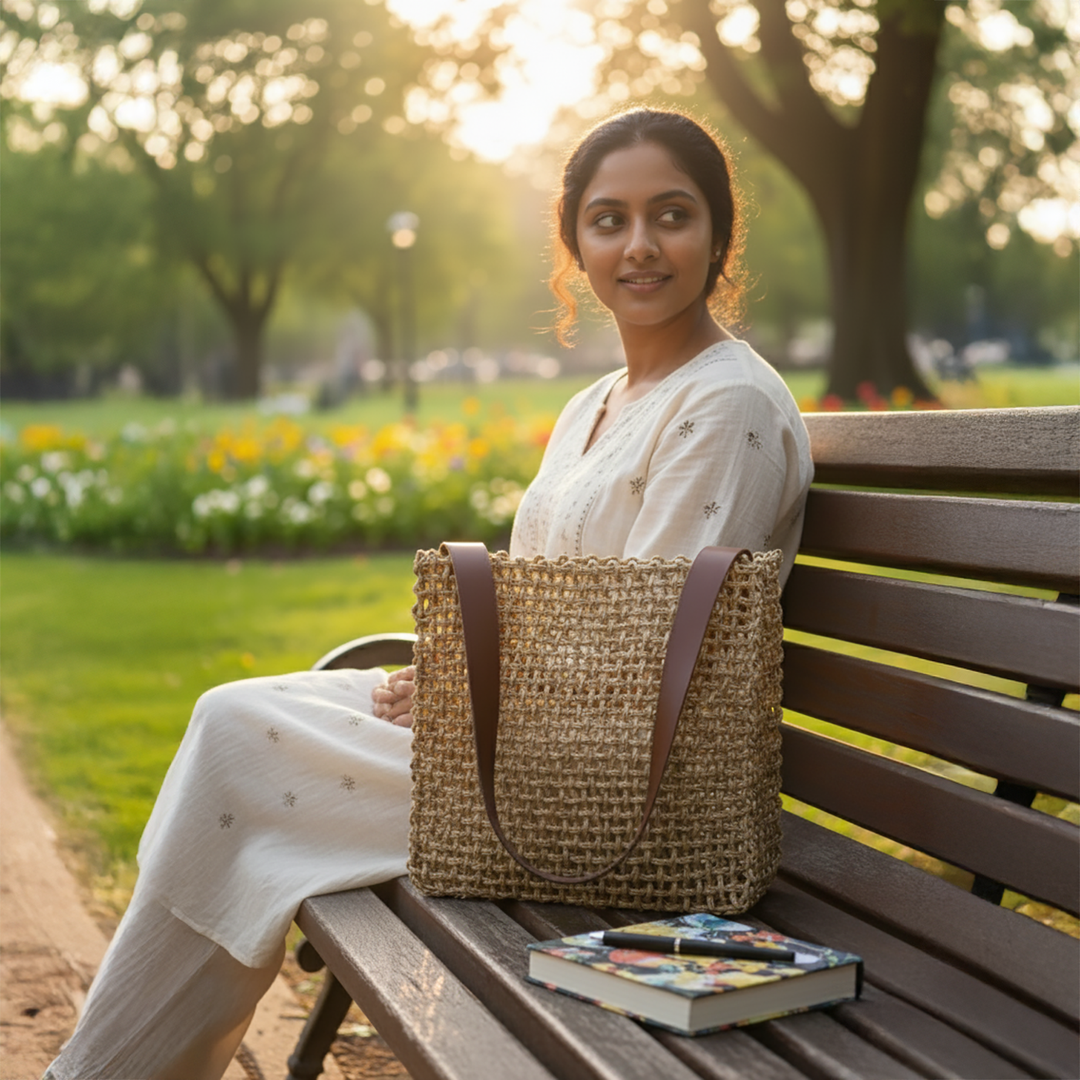 Handmade Grass Woven Box Shaped Leather Strap Golden Sabai Mesh Tote Bag