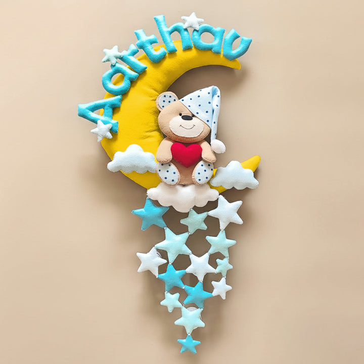 Hand-stitched Teddy Themed Felt Moon Nameplate For Kids