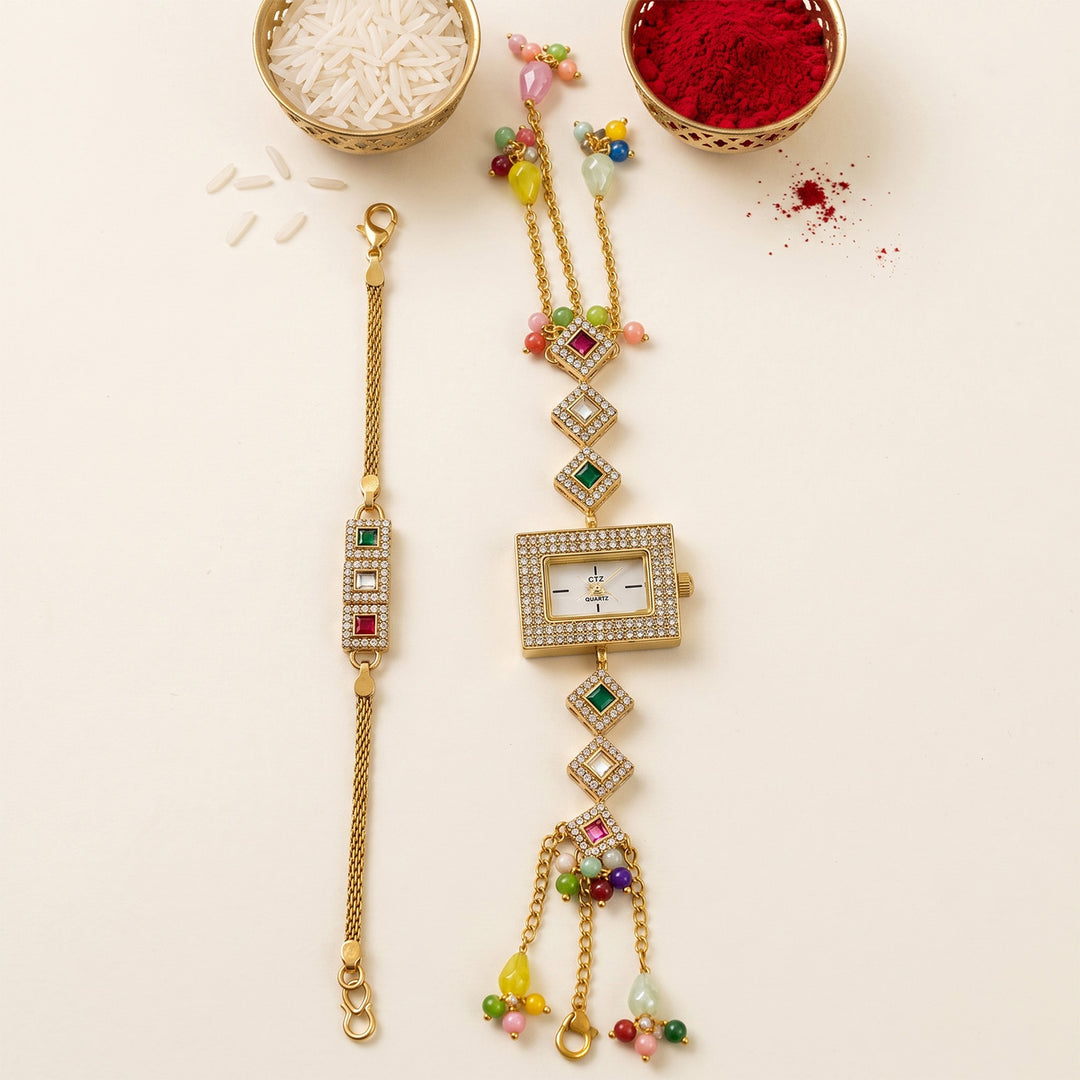 Handmade Kundan & Pearl Rang Mahal Polki-Style Rakhi & Bhabhi Watch Combo For Bhaiya Bhabhi | Set of 2