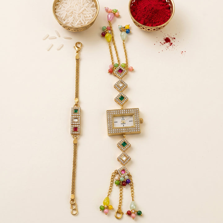 Handmade Kundan & Pearl Rang Mahal Polki-Style Rakhi & Bhabhi Watch Combo For Bhaiya Bhabhi | Set of 2