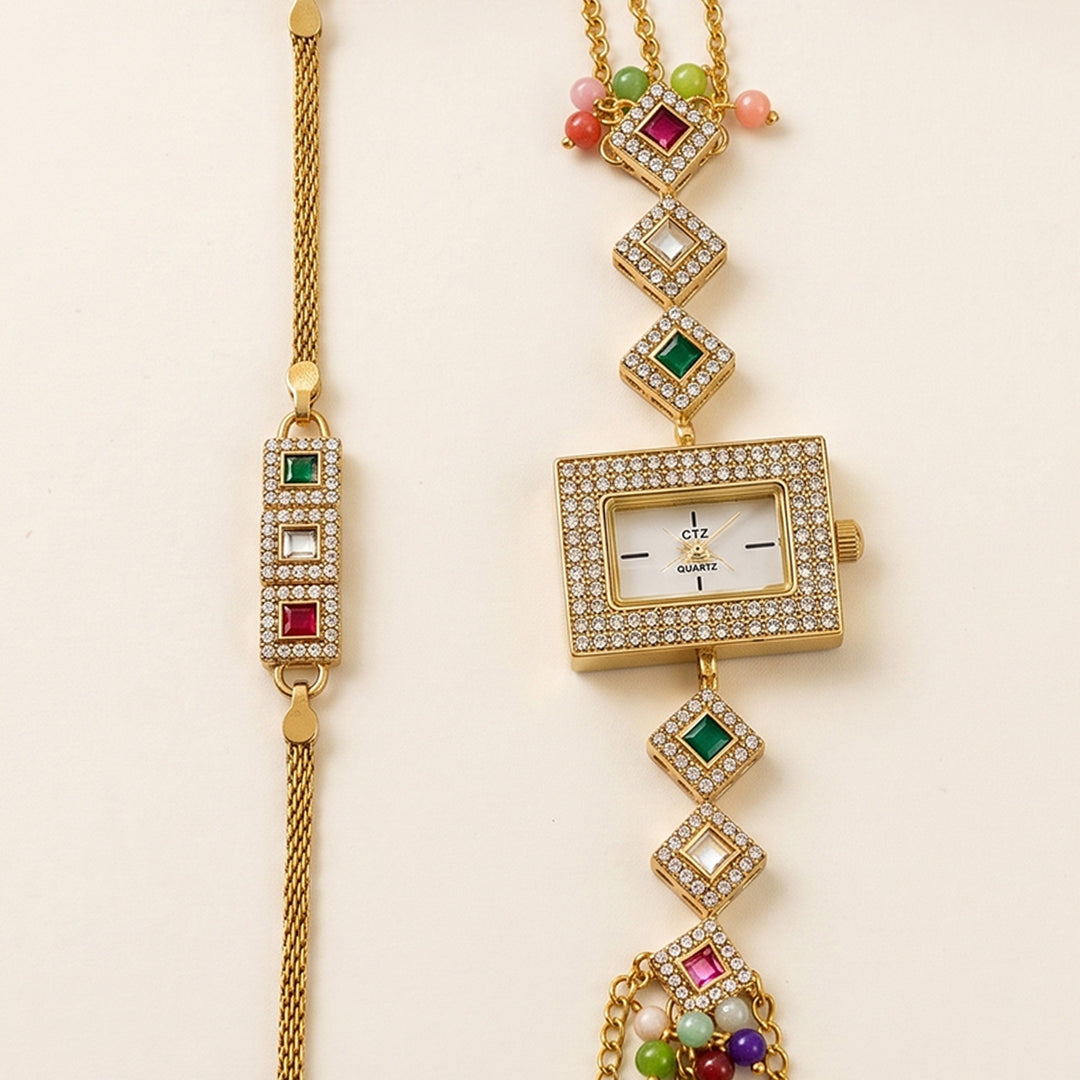 Handmade Kundan & Pearl Rang Mahal Polki-Style Rakhi & Bhabhi Watch Combo For Bhaiya Bhabhi | Set of 2