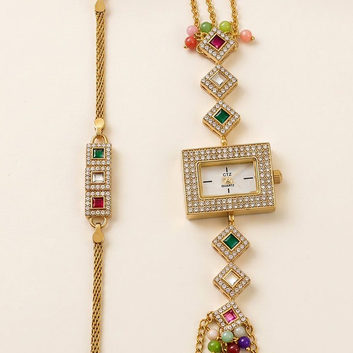 Handmade Kundan & Pearl Rang Mahal Polki-Style Rakhi & Bhabhi Watch Combo For Bhaiya Bhabhi | Set of 2
