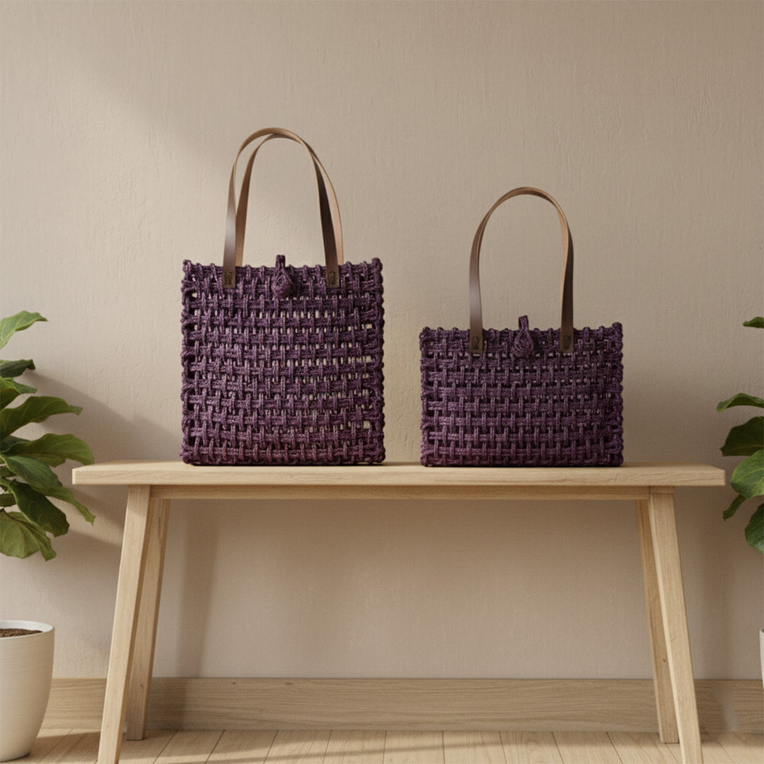 Handmade Grass Woven Leather Strap Box Shaped Lavender Sabai Mesh Tote Bag