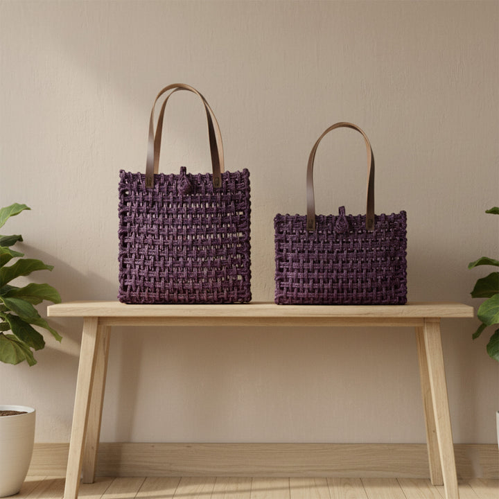 Handmade Grass Woven Leather Strap Box Shaped Lavender Sabai Mesh Tote Bag