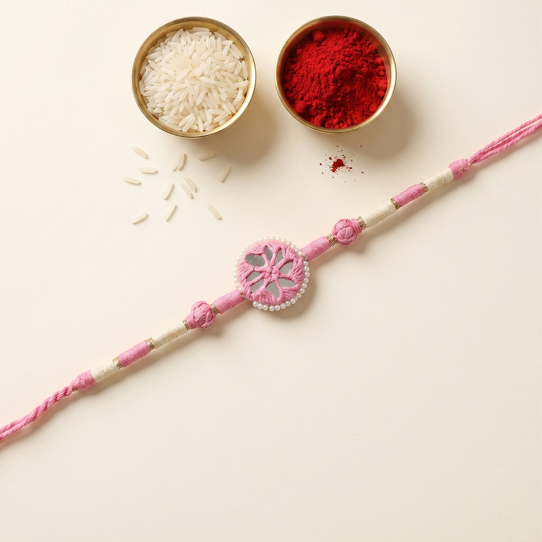 Handmade Mirror Work Patwa Pink Cotton Rakhi With Roli Chawal