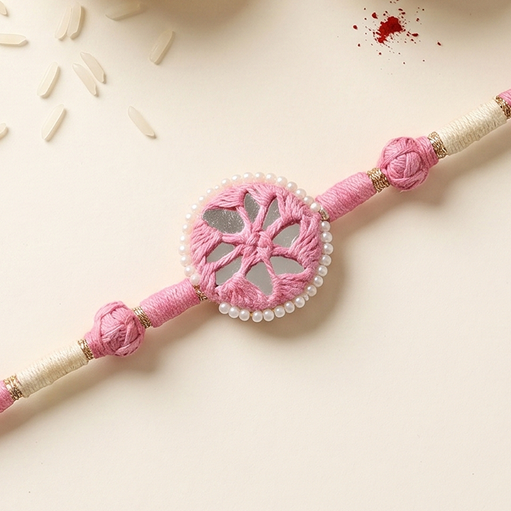 Handmade Mirror Work Patwa Pink Cotton Rakhi With Roli Chawal