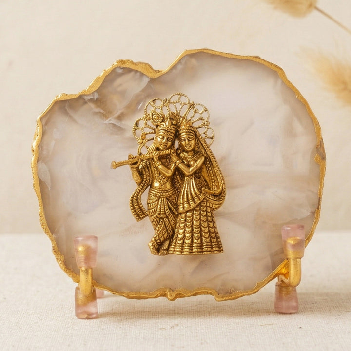 Natural Agate Gold Plated Radhakrishna Showpiece With Metal Stand