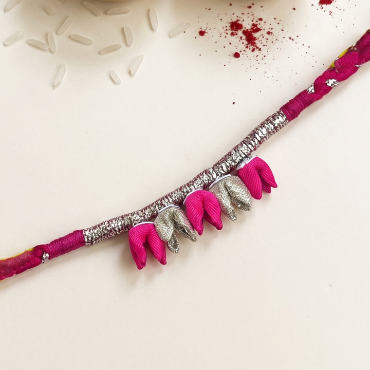 Handmade Tulip Bud & Silver Zari Silk Fabric Rakhi For Brother With Roli Chawal
